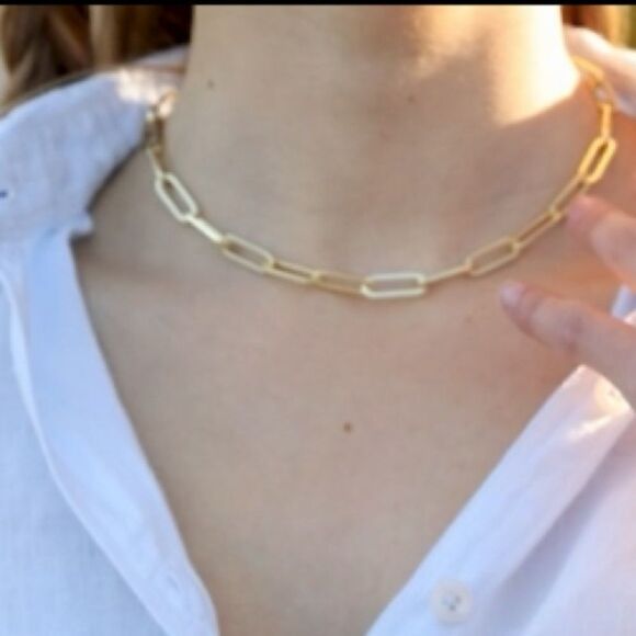 New 14k Gold Choker Paperclip Chain Link Necklace Adjustable up to 16” - Picture 2 of 6